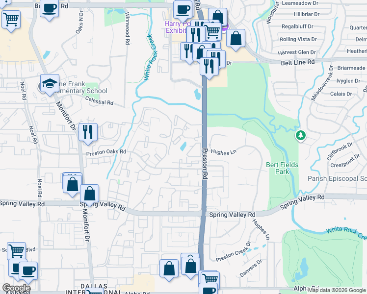 map of restaurants, bars, coffee shops, grocery stores, and more near 14255 Preston Road in Dallas