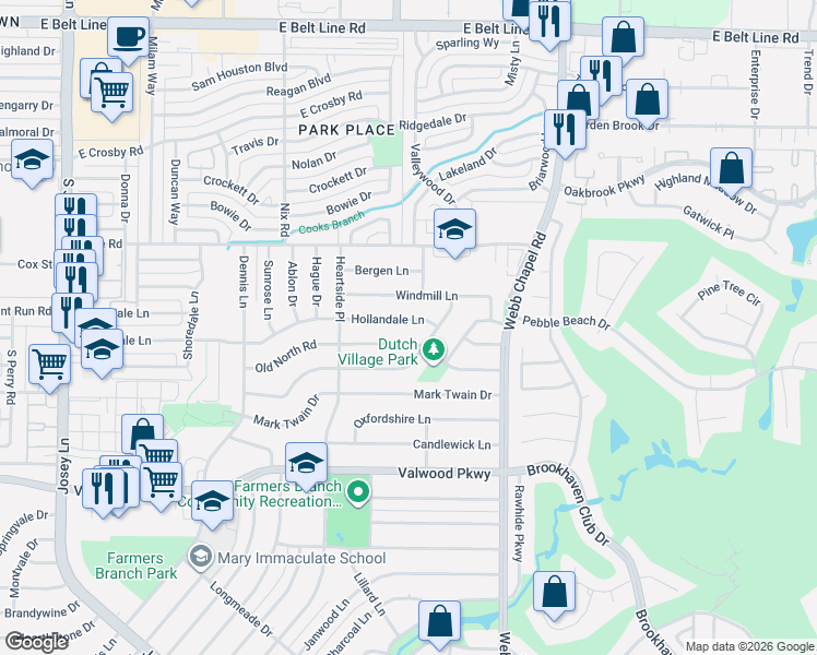 map of restaurants, bars, coffee shops, grocery stores, and more near 2950 Old North Road in Farmers Branch
