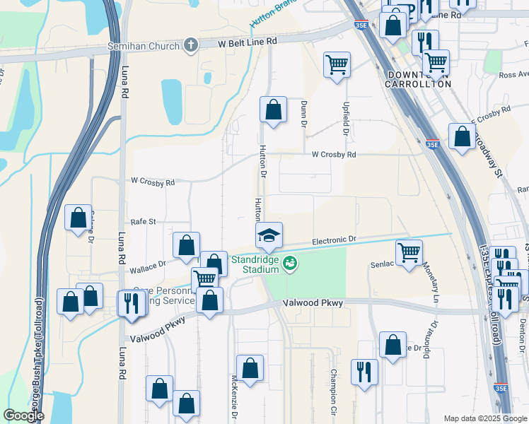 map of restaurants, bars, coffee shops, grocery stores, and more near 1591-1699 Hutton Drive in Carrollton
