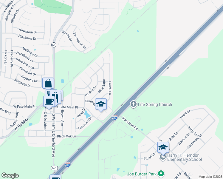 map of restaurants, bars, coffee shops, grocery stores, and more near 528 Indian Paintbrush Drive in Rockwall