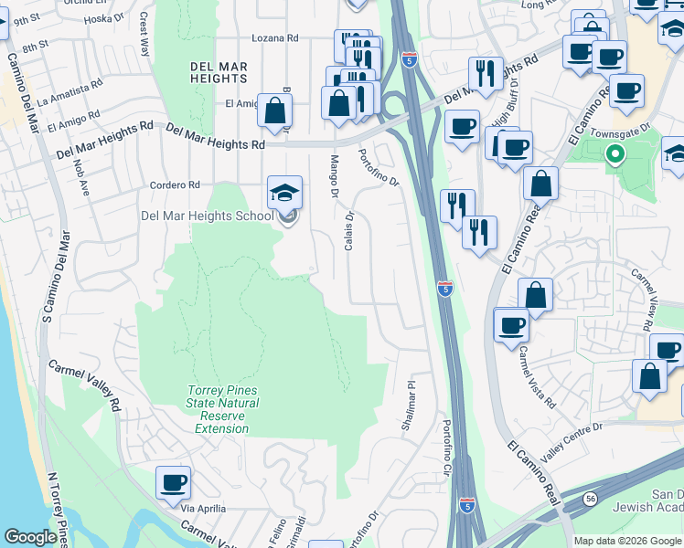 map of restaurants, bars, coffee shops, grocery stores, and more near 2695 Mira Montana Place in Del Mar