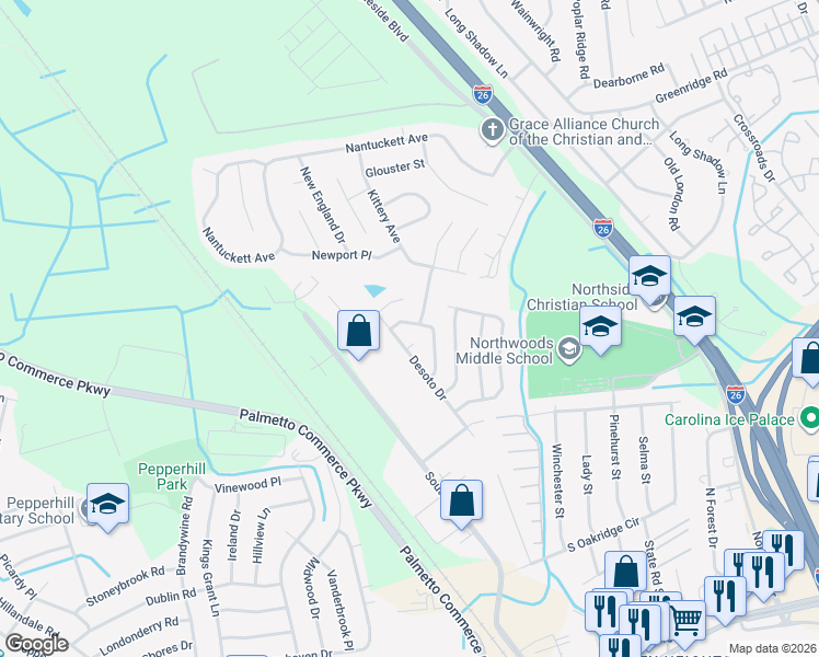 map of restaurants, bars, coffee shops, grocery stores, and more near 7744 Desoto Drive in North Charleston