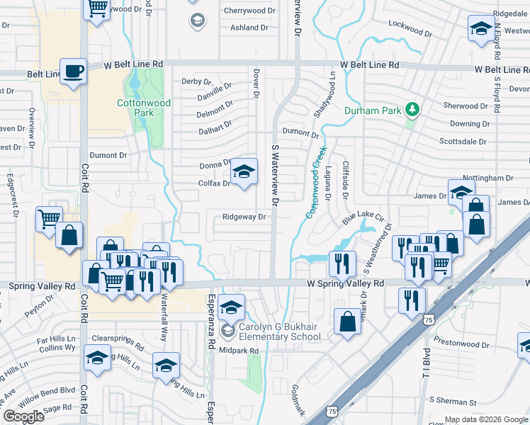 map of restaurants, bars, coffee shops, grocery stores, and more near 1201 Ridgeway Drive in Richardson