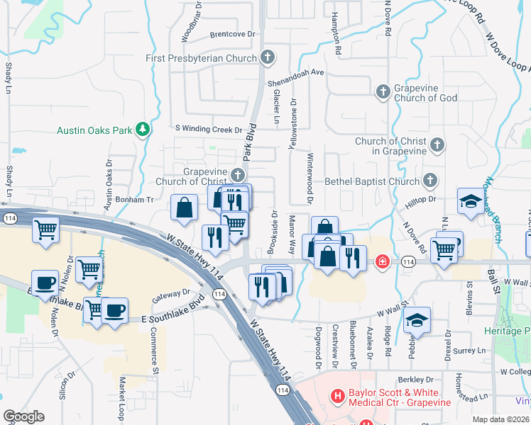 map of restaurants, bars, coffee shops, grocery stores, and more near 2010 Shadow Court in Grapevine