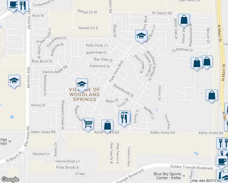 map of restaurants, bars, coffee shops, grocery stores, and more near 5313 Selago Drive in Keller