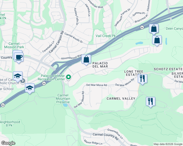 map of restaurants, bars, coffee shops, grocery stores, and more near 5146 Caminito Vista Lujo in San Diego