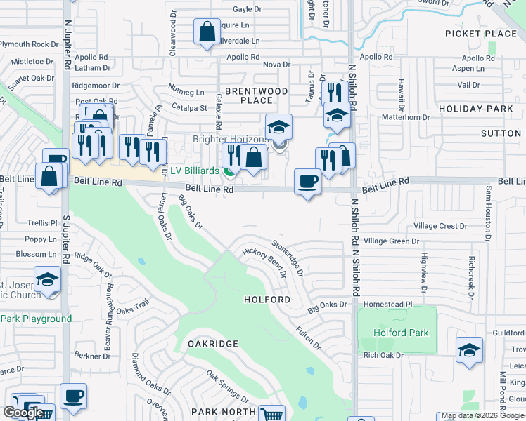 map of restaurants, bars, coffee shops, grocery stores, and more near 2804 Belt Line Road in Garland