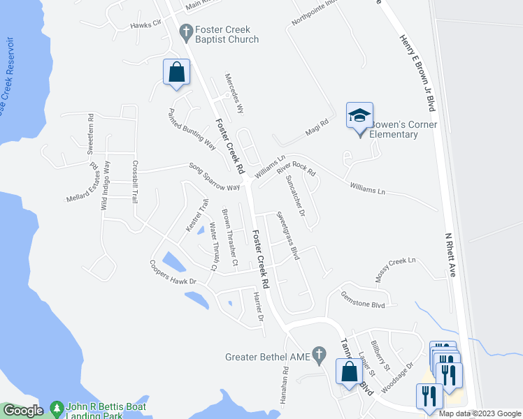 map of restaurants, bars, coffee shops, grocery stores, and more near 7103 Sweet Grass Boulevard in Hanahan