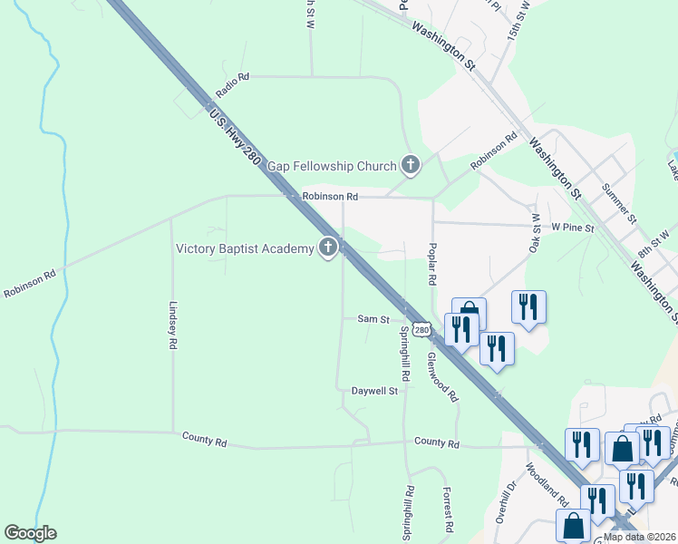 map of restaurants, bars, coffee shops, grocery stores, and more near 341-2537 South Road in Alexander City