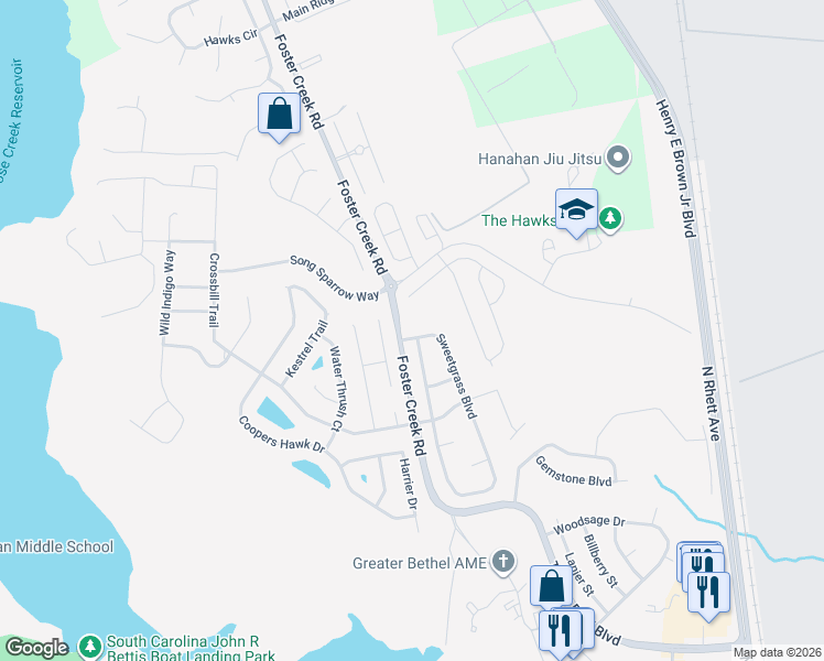 map of restaurants, bars, coffee shops, grocery stores, and more near 7103 Sweet Grass Boulevard in Hanahan
