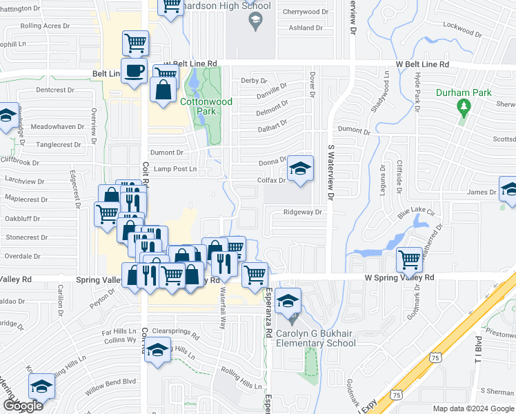 map of restaurants, bars, coffee shops, grocery stores, and more near 843 Dublin Drive in Richardson