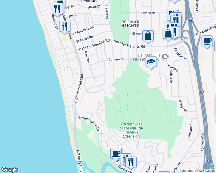 map of restaurants, bars, coffee shops, grocery stores, and more near 437 Pine Needles Drive in Del Mar