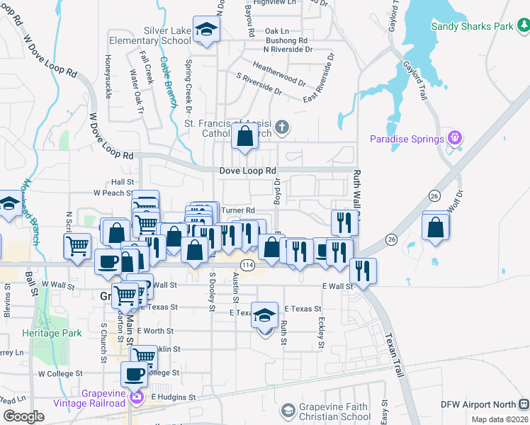 map of restaurants, bars, coffee shops, grocery stores, and more near 401 Boyd Drive in Grapevine