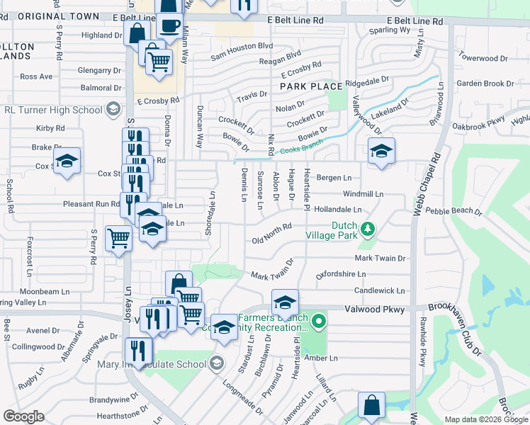 map of restaurants, bars, coffee shops, grocery stores, and more near 2828 Hollandale Lane in Farmers Branch