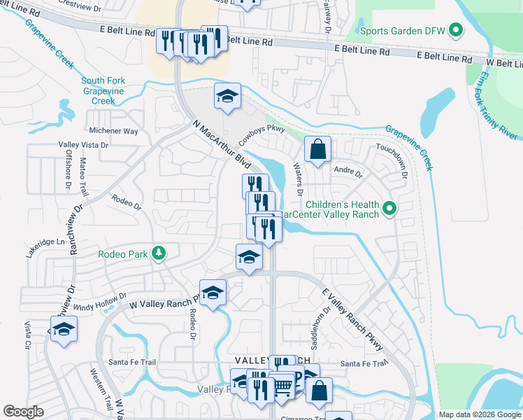 map of restaurants, bars, coffee shops, grocery stores, and more near 10045 North MacArthur Boulevard in Irving