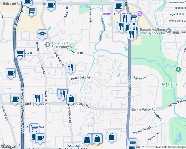 map of restaurants, bars, coffee shops, grocery stores, and more near 5619 Preston Oaks Road in Dallas