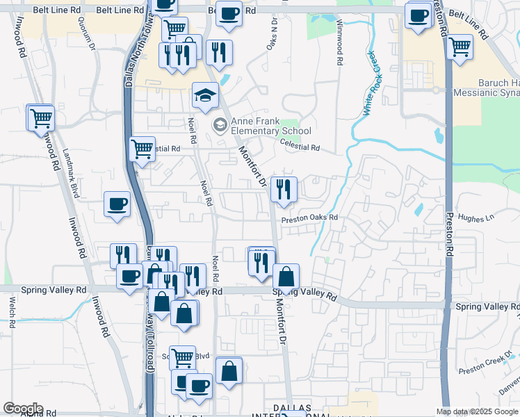 map of restaurants, bars, coffee shops, grocery stores, and more near 5445 Preston Oaks Road in Dallas