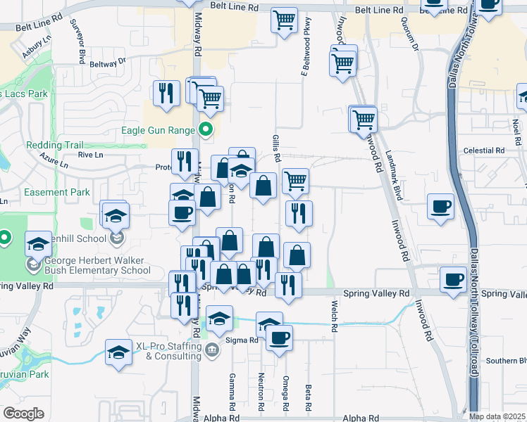 map of restaurants, bars, coffee shops, grocery stores, and more near 14325 Gillis Road in Farmers Branch