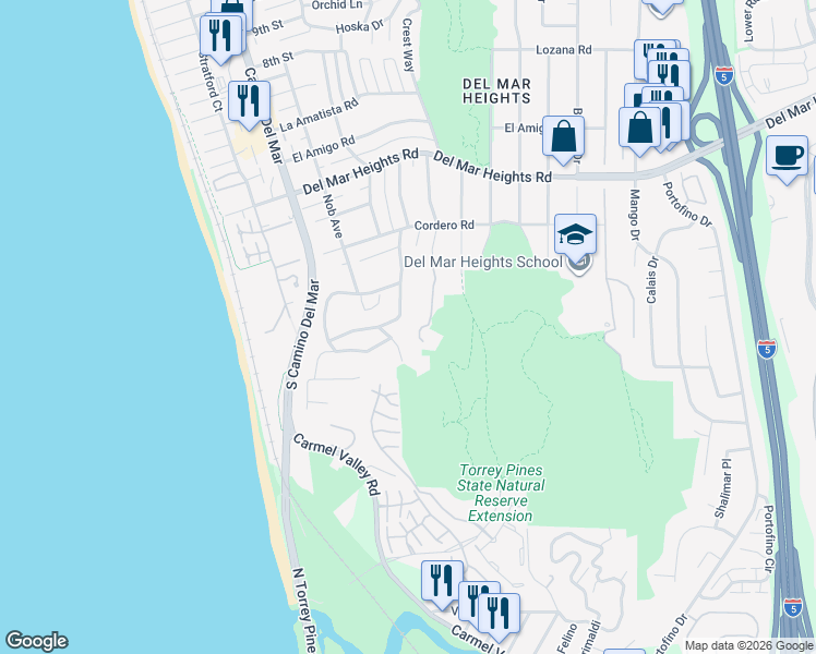 map of restaurants, bars, coffee shops, grocery stores, and more near 437 Pine Needles Drive in Del Mar