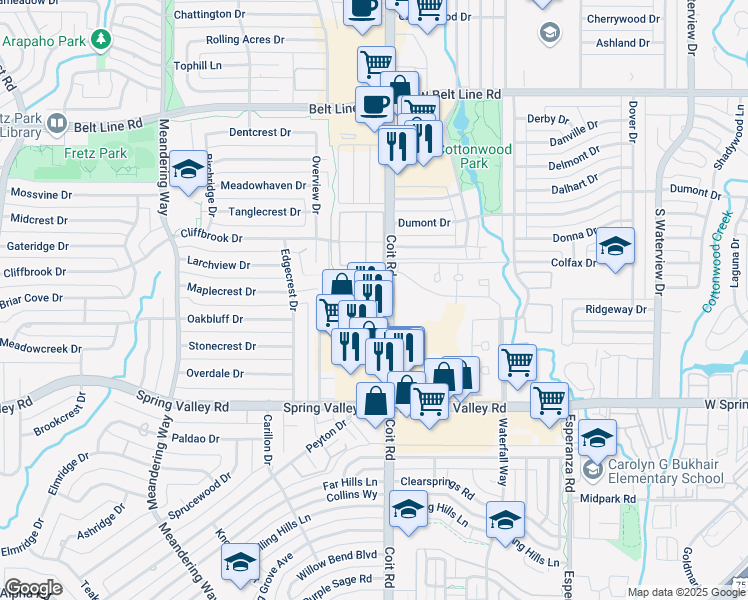 map of restaurants, bars, coffee shops, grocery stores, and more near 14362 Haymeadow Circle in Dallas