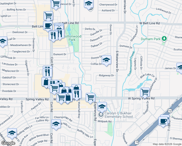 map of restaurants, bars, coffee shops, grocery stores, and more near 843 Dublin Drive in Richardson