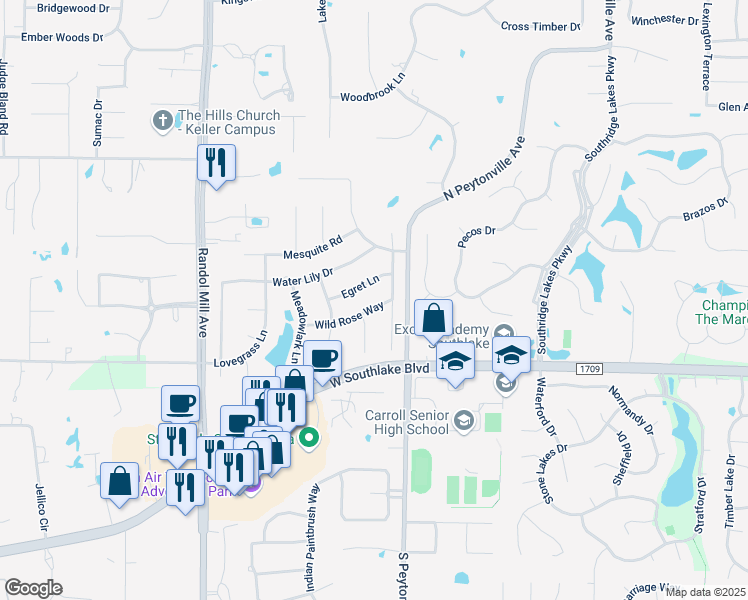 map of restaurants, bars, coffee shops, grocery stores, and more near 1706 Egret Lane in Southlake