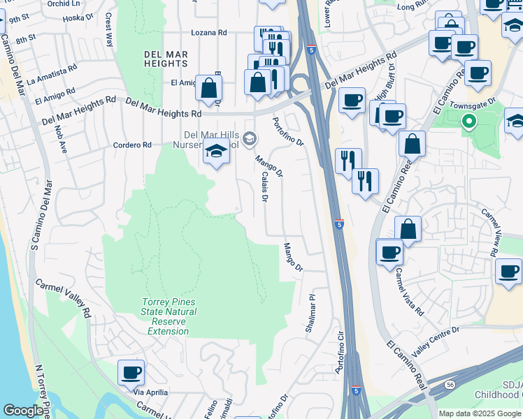 map of restaurants, bars, coffee shops, grocery stores, and more near 13484 Calais Drive in Del Mar