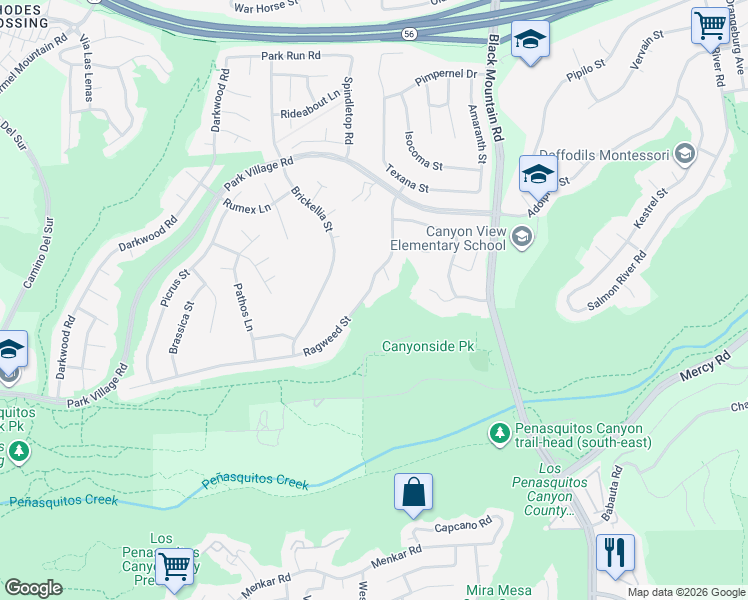 map of restaurants, bars, coffee shops, grocery stores, and more near 12575 Ragweed Street in San Diego