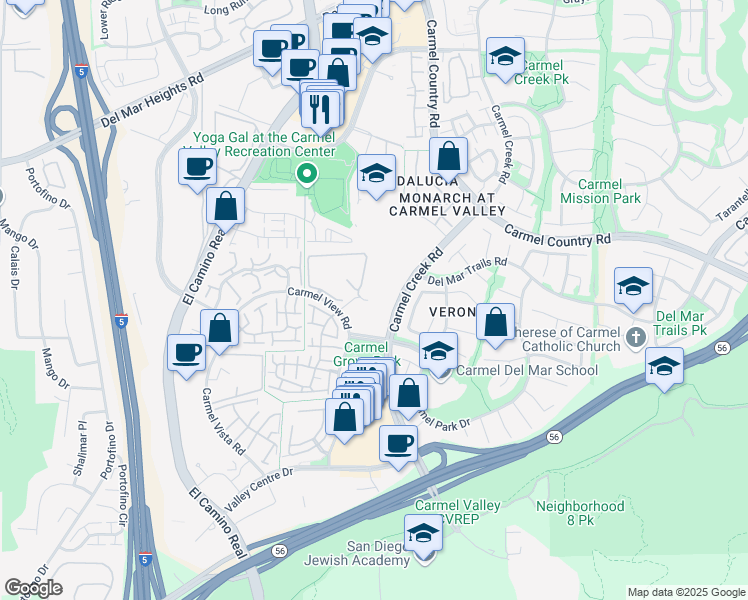map of restaurants, bars, coffee shops, grocery stores, and more near 12560 Carmel Creek Road in San Diego