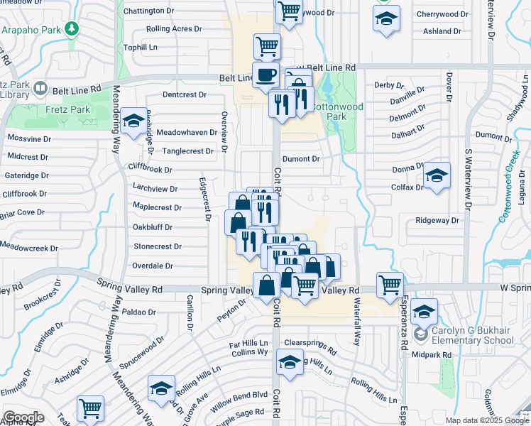 map of restaurants, bars, coffee shops, grocery stores, and more near 14362 Haymeadow Circle in Dallas