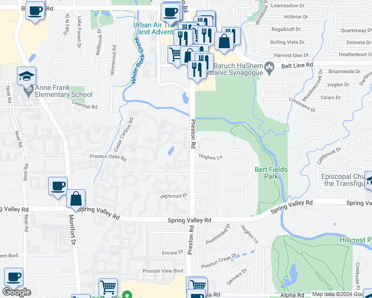 map of restaurants, bars, coffee shops, grocery stores, and more near 14333 Preston Road in Dallas