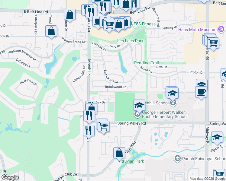 map of restaurants, bars, coffee shops, grocery stores, and more near 14609 Hemingway Court in Addison