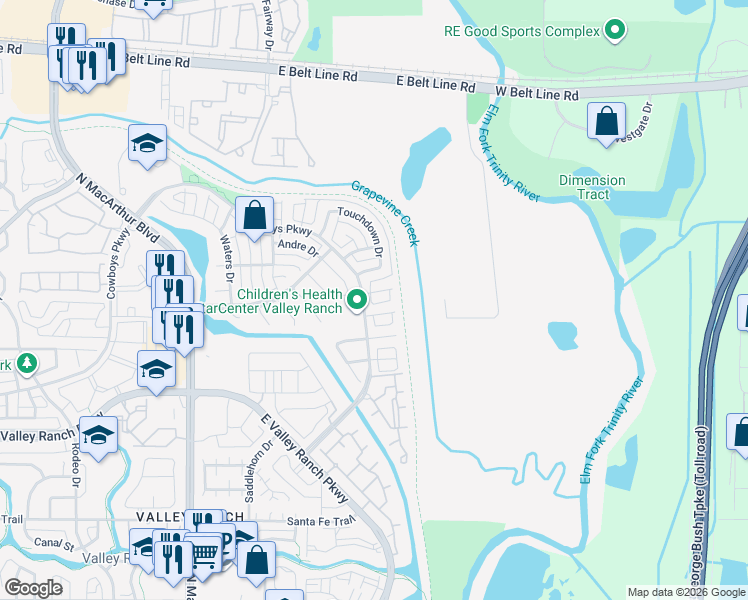 map of restaurants, bars, coffee shops, grocery stores, and more near 221 Landry Court in Irving