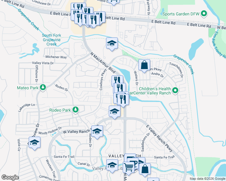map of restaurants, bars, coffee shops, grocery stores, and more near 10425 North MacArthur Boulevard in Irving
