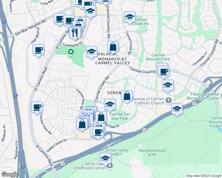 map of restaurants, bars, coffee shops, grocery stores, and more near 3985 Carmel Springs Way in San Diego