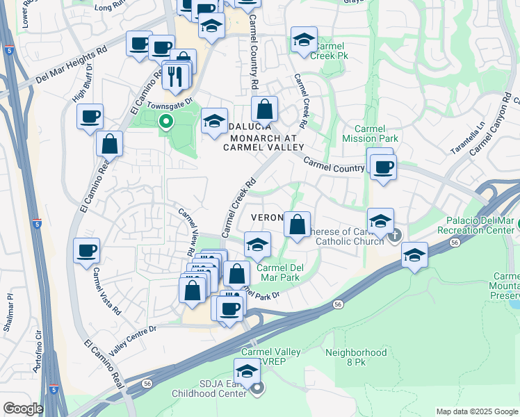 map of restaurants, bars, coffee shops, grocery stores, and more near 3985 Carmel Springs Way in San Diego