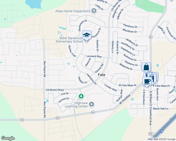 map of restaurants, bars, coffee shops, grocery stores, and more near 540 Reed Drive in Rockwall
