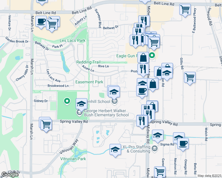 map of restaurants, bars, coffee shops, grocery stores, and more near 14621 Vintage Lane in Addison