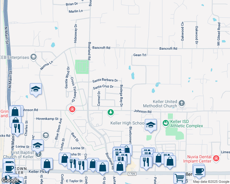 map of restaurants, bars, coffee shops, grocery stores, and more near 611 Mariposa Drive in Keller