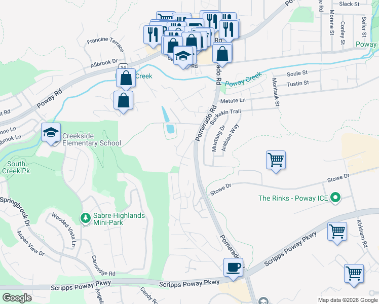map of restaurants, bars, coffee shops, grocery stores, and more near 12240 Buckskin Trail in Poway
