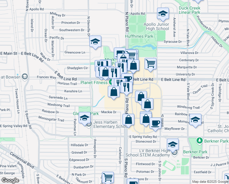 map of restaurants, bars, coffee shops, grocery stores, and more near 1306 East Belt Line Road in Richardson