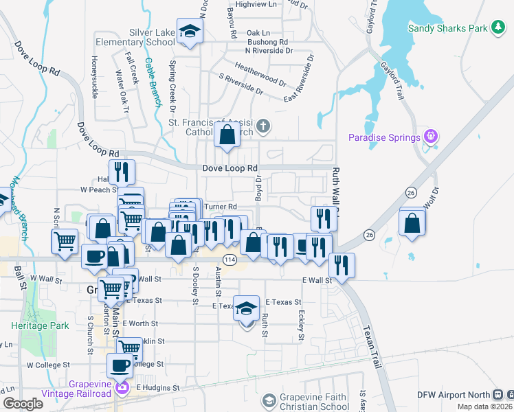 map of restaurants, bars, coffee shops, grocery stores, and more near 505 Boyd Drive in Grapevine