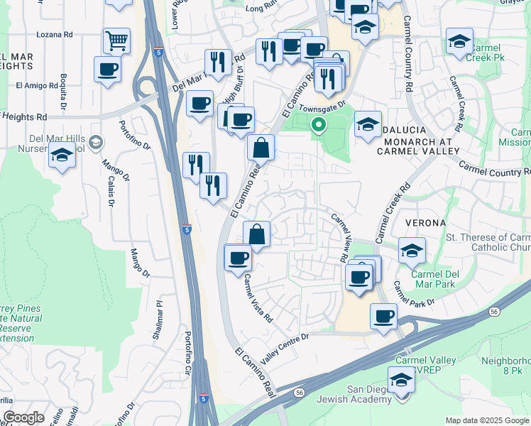 map of restaurants, bars, coffee shops, grocery stores, and more near 3505 Caminito El Rincon in San Diego