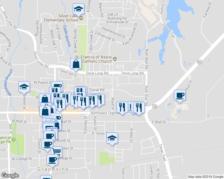 map of restaurants, bars, coffee shops, grocery stores, and more near 675 Turner Road in Grapevine