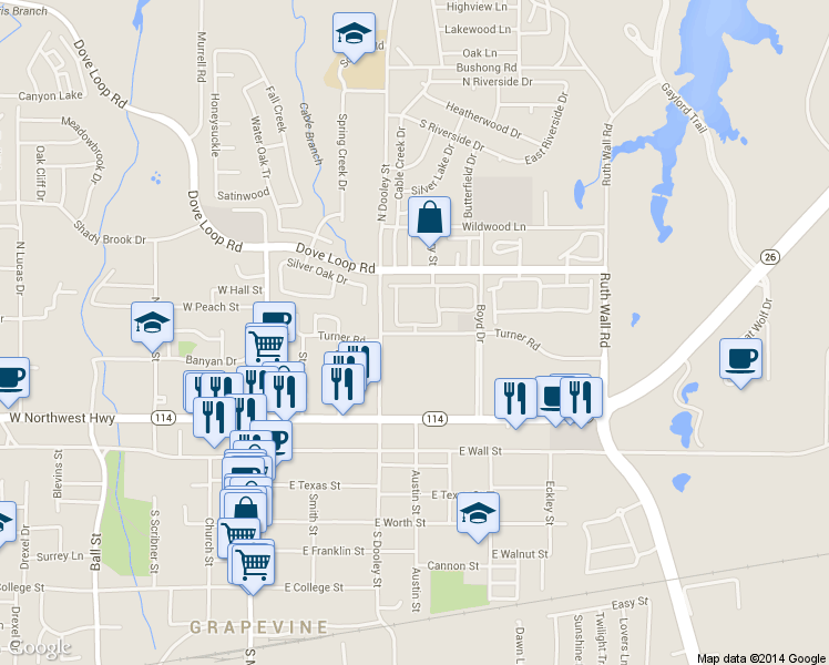 map of restaurants, bars, coffee shops, grocery stores, and more near 501 Turner Road in Grapevine