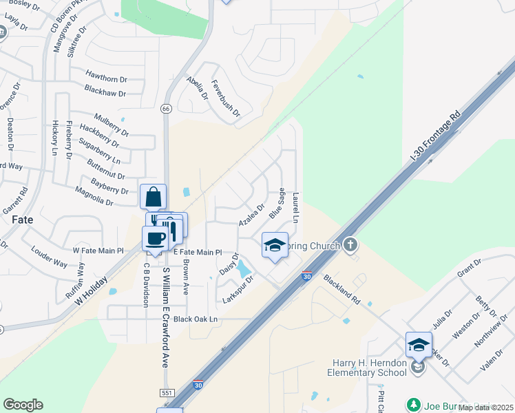 map of restaurants, bars, coffee shops, grocery stores, and more near 515 Azalea Drive in Rockwall