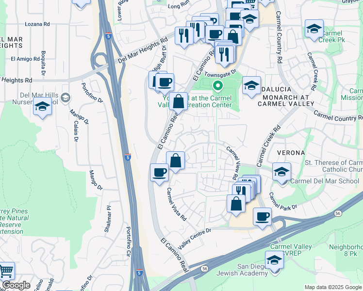 map of restaurants, bars, coffee shops, grocery stores, and more near 3505 Caminito El Rincon in San Diego