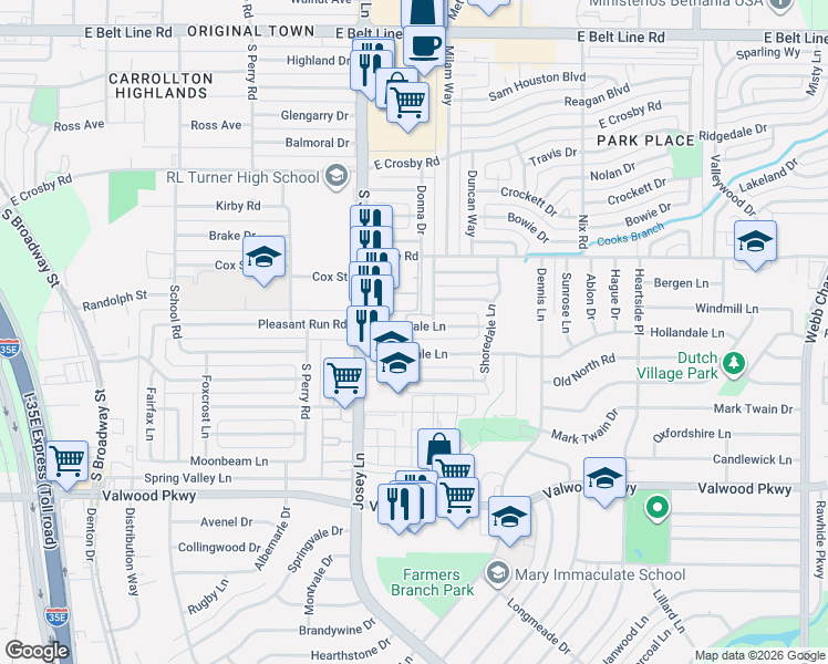 map of restaurants, bars, coffee shops, grocery stores, and more near 2738 Rollingdale Lane in Farmers Branch