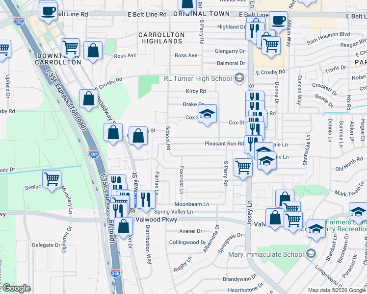 map of restaurants, bars, coffee shops, grocery stores, and more near 1719 Pleasant Run Road in Carrollton