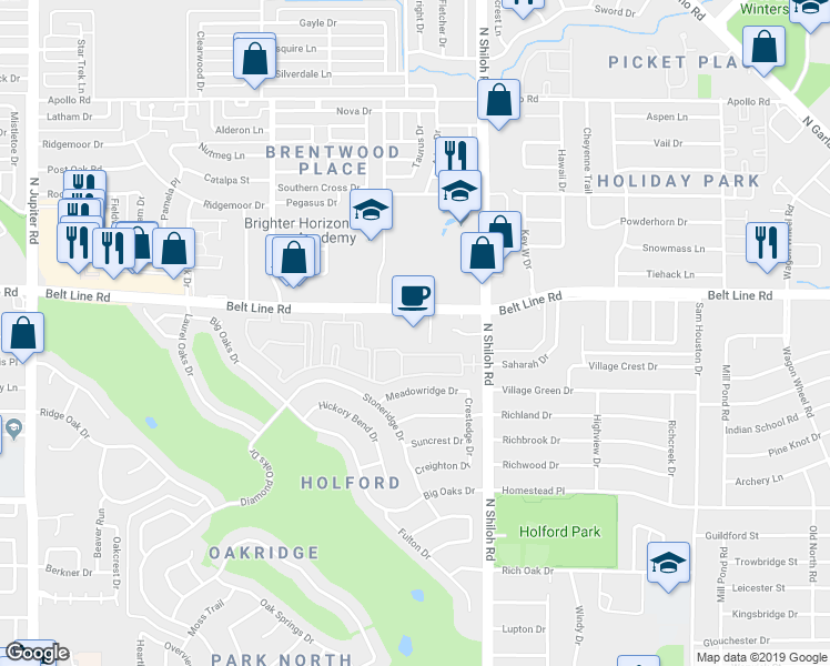 map of restaurants, bars, coffee shops, grocery stores, and more near 2660 Belt Line Road in Garland
